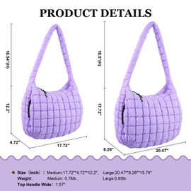 Quilted Puffer Tote Bag Large Crossbody Shoulder Bag with Zipper, Nylon Bubble Hobo Handbag Carryall Bag for Women, Purple, Large, Contemporary