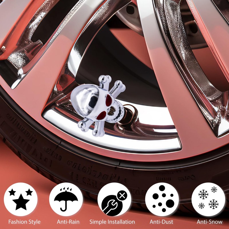 MEAJOO 4PCS Skull Style Tire Valve Stem Caps, with Rubber