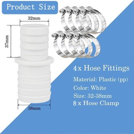 IXOKEV Set of 4 Hose Connectors 32 mm to 38 mm Diameter + 8 Pieces Hose Clamps, Pool Hose Adapter, Pool Hose Connector, Pool Hose Connector 32 mm, Double Hose Nozzle Set for the Pool