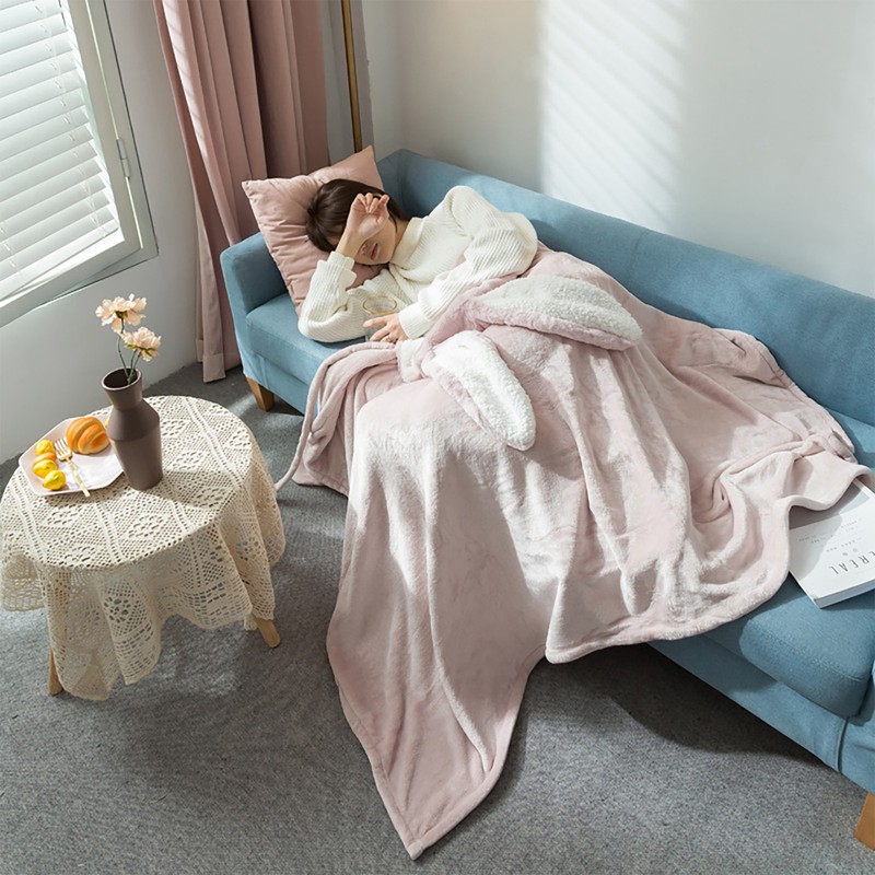 Hooded Blanket Wearable Polyester Plush Rabbit Ear Hooded Blanket Throw