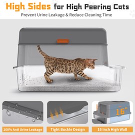 Erinaik Stainless Steel Litter Box with Lid, 36L Extra Large Litter Box XL for Big Cats Top Entry Metal Litter Box with Double Filter Pedal & Scoop High Sided & Non-Sticky & Anti-Leakage（Dark Grey）