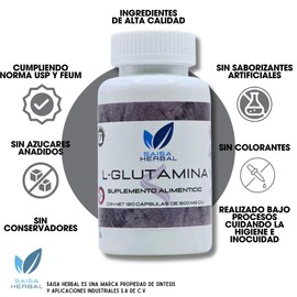 L-Glutamina 100% Puro 120 cápsulas con 500 mg c/u. Calidad premium.