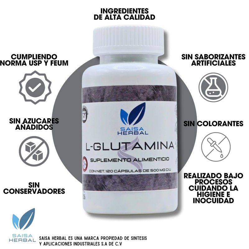 L-Glutamina 100% Puro 120 cápsulas con 500 mg c/u. Calidad
