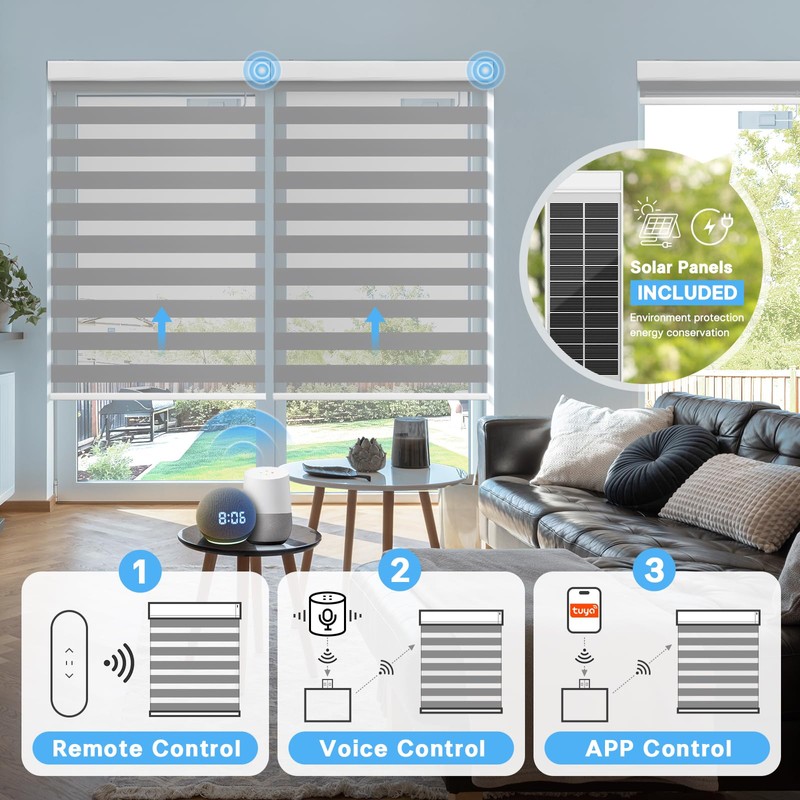 DONGFXK Motorized Zebra Blinds with Remote Control,Solar Powered Rechargeable Dual