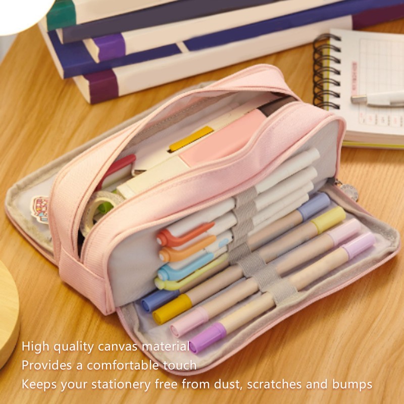 Pen Pencil Case 3 Compartments Canvas Portable Large Capacity Pencil