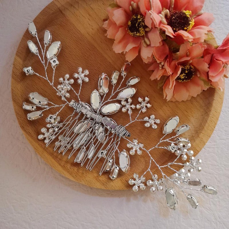 Bufenia Crystal Hair Comb Bridal Hair Accessories Silver for Bride