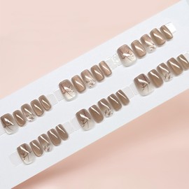 Leaves Cat Eye Press on Nails 30Pcs Trees Cat Eye False Nails Glossy Brown Gradient Acrylic Fake Nails Gel Glue on Nails for DIY Manicure Bamboo Stick on Short Coffin Nails for Coquette Women Girls