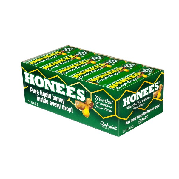 Honees Menthol Eucalyptus Cough Drops - 9-Piece Bar, Pack of 24 Honey-Filled Lozenges | Temporary Relief from Cough | Soothes Sore Throat |All Natural