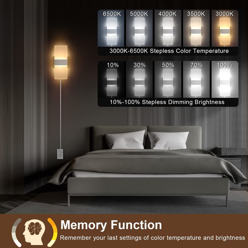 GOODATE Plug in Wall Sconces with Stepless Adjustable 3000K-6500K Colors
