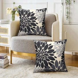 Velvhom Cushion Cover 50 x 50 cm Sofa Cushion Autumn Abstract Dahlia Flowers Black and Grey Linen Cushion Cover Decorative Cushion Modern Decorative Cushion Cover for Living Room Children Office Set