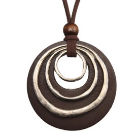 COOLLA Womens Multilayer Pendant Necklaces Vintage Jewelry Fashion Long Sweater Necklace for Woman (Wooden circle-Brown silver)