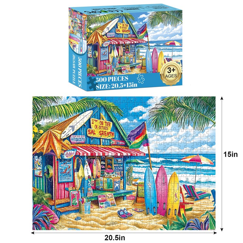 500 Piece Puzzles for Adults,Beach Surf Shack Puzzle,Recycled Cardboard Summer