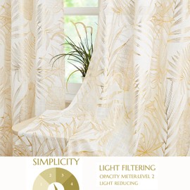 Ronaldecor Linen Curtains 84 Inch Length Gold Leaf Patterned for Living Room Tropical Farmhouse Semi Sheer Grommet Drapes Bedroom Light Filtering Window Curtain W52Inch, 2 Panels