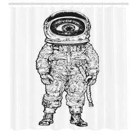 Ambesonne Espacio Cortina de Baño, Dibujo de un Astronauta de fantasía, Paño Conjunto de Decoración de Baño de Tela y Ganchos, 70" Alto, Blanco Negro