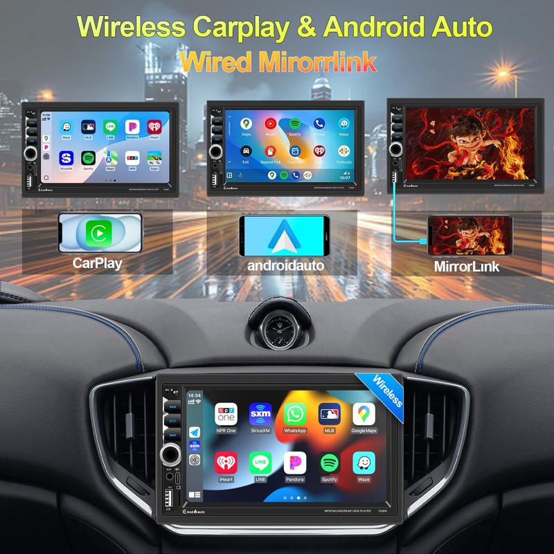 Wireless Apple CarPlay Double Din,7" Car Bluetooth 5.2,FM Car Radio,IPS