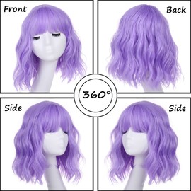 Leeven Purple Short Bob Wigs with Air Bangs for Women Loose Wavy Wig Curly Wavy Shoulder Length Synthetic Cosplay Wig for Girl Heat Resistant Hair Wigs for Daily Party Wig 12 Inch