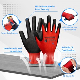 MANUSAGE Safety Work Gloves Men and Women, Microfoam Nitrile Work Gloves Large, Thin Work Gloves With Touchscreen Fingers, Work Gloves Women, Men's work gloves with grip, 24 Pairs, Red