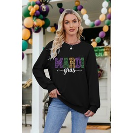APRFLOWER Mardi Gras Sweatshirts for Women Mardi Graphic Long Sleeve Shirts Fat Tuesday Tshirt Carnival Pullover Casual Top Black