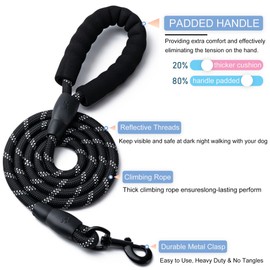 2 Pack Dog Leash, 4/5//6 FT Heavy Duty Nylon Rope Pet Leashes with Comfortable Padded Handle, Reflective Dog Leashes for Small Medium and Large Dogs (6FT-1/2,Black/Black)