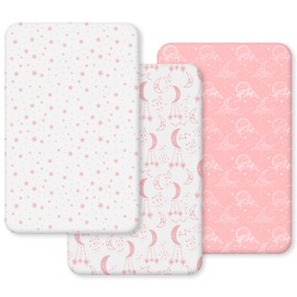 Unnivoll Travel Cot Sheets 95 x 65 cm Fitted Super Soft & Breathable Travel Cot Mattress Sheets 3 PackWhite Pink Moon