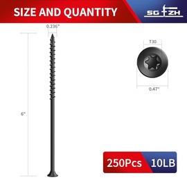 Tornillos para terraza #14 x 6 pulgadas (250 piezas) 10 lb. Tornillos de madera para exteriores. Acero al carbono, negro, cabeza plana, revestimiento 