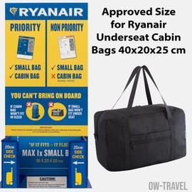 OW-Travel Ryanair Cabin Bags 40x20x25 Underseat Travel Bag (20L) Black Minimalist Lightweight and Durable RyanAir Cabin Bag. Carry on Hand Luggage. Small Holdall for Overnight Stays: Men and Women