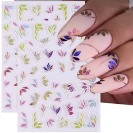 Spring Nail Art Stickers Decals Colored Leaf 5D Embossed Nail Decals 2PCS Shiny Glass Engraved Colorful Leaf Design Nails Adhesive Crystal Stickers Manicure Supply for Women DIY Nail Art Decorations