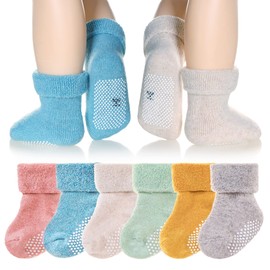Eyean Baby Wool Grip Sock Soft Winter Warm Thick Non Slip Toddler Boy Girls Crew Socks For Children 6 Pairs (Solid Color-A, 0-12 Months)