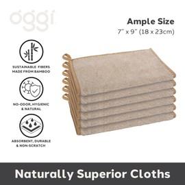 Oggi Bambou Odor-Free Kitchen Washcloths - Natural Kitchen Dish Cloths, 91% Bamboo-Derived Rayon Cellulose Fiber, Reusable, Absorbent, Hygienic, Fast Dry, Durable, Non-Scratch, Lint-Free - 6 pcs, 7x9