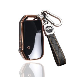 SANRILY 3 Button Golden-Edge Key Fob Cover for Kia Sportage R GT Stinger GT Sorento Cerato Forte Keyless Full Protection Key Fob Case Shell with Leather Keychain Black