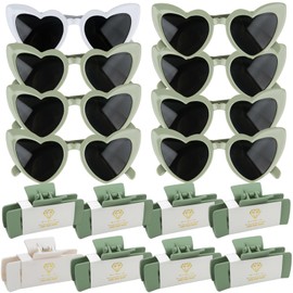 16pcs Bridesmaid Proposal Gifts 4.1inch square Bachelorette hair Claw Clip heart Sunglasses set of 16 Girls Trendy gift for Wedding Party Favors(16pcs White&Sage Green)