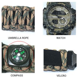 Survival Military Digital Watch,Outdoor Camping Survival Watch Multi Functional Bracelet Compass Whistle Paracord Bracelet Equipment Tools Kit (Autumn leaves)