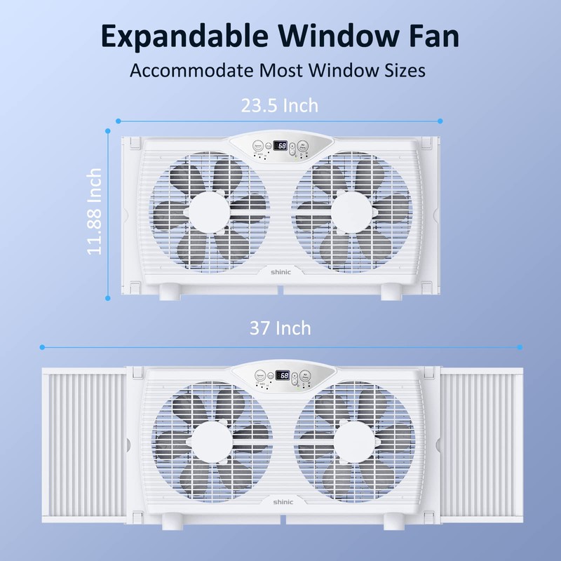 shinic Twin Window Fan with Reversible Airflow, Thermostat Controlled, 3