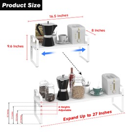 Expandable Kitchen Cabinet Shelf Organizer Rack Heavy Duty Metal Spice Rack Stackable Kitchen Counter Storage Shelf for Kitchen Cabinet Pantry Bathroom (White- 16.5"-27" L x 8" W x 9.6" H - 1Pack)