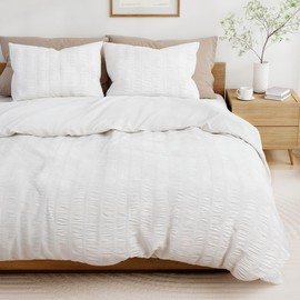 White Duvet Cover King Size, Seersucker 3 Pieces Bedding Set, Includes 1 Duvet Cover 106x96 Inches and 2 Pillowcases 20x36 Inches