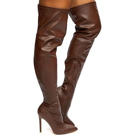 Liliana DB54 Women Pointy Toe Thigh High Single Sole Stiletto Boot (Brown PU, 9)