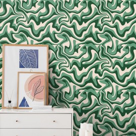 MotiMind Waves Coastal Peel and Stick Wallpaper Abstract Retro 70s Wavy Swirl Green Wallpaper Ocean Peel and Stick Wall Mural Sticker for Home Living Room Bedroom Decor
