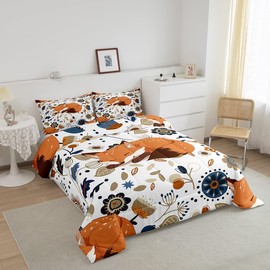 Animal Comforter Set Adult, Fox Sleeping in Flowers Leaves Light-Weight Microfiber Bedding Decor, Cartoon Autumn Scenery Bedroom Decor Comforter, Queen, 2 Pillowcase