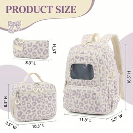 Lreneilu 3PCS Corduroy School Backpack for Teen Girls Kids, Bookbag Set with Lunch Box and Pencil Pouch for Elementary Middle High School Back Pack (Leopard Purple)