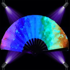 YKuzLx 13‘’ Large Rave Fan for Men Women, Rave Essentials, Decorative Folding Hand Fan for Party, Home Decoration, Gift, Music Festival Essential, EDM Rave Accessories (Rainbow)