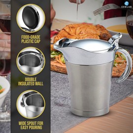 COOLAB 750ML Stainless Steel Gravy Boat with Lid – Double Insulated Gravy Pitcher for Hot & Cold Sauces – Elegant Sauce Boat Small Gravy Server for Steak, Turkey, and Holiday Dinners