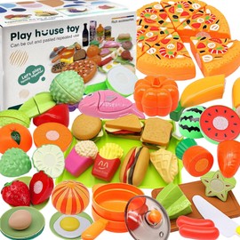 58 Pzs Juguetes de Comida para Niños, Juguetes para Cortar Frutas y Verduras, con Tablas de Cortar y Cubiertos, Juguetes de Frutas con Velcro, Juguetes Didácticos de Cocina, Regalo para Niños de 3+