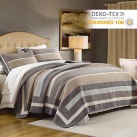 Finlonte Queen Size Quilt Set, Farmhouse Striped Queen Comforter, Cotton Quilted Bedspread, Gray Beige Cream Taupe Lightweight Reversible Quilt Bedding Set for All Season, 3-Piece