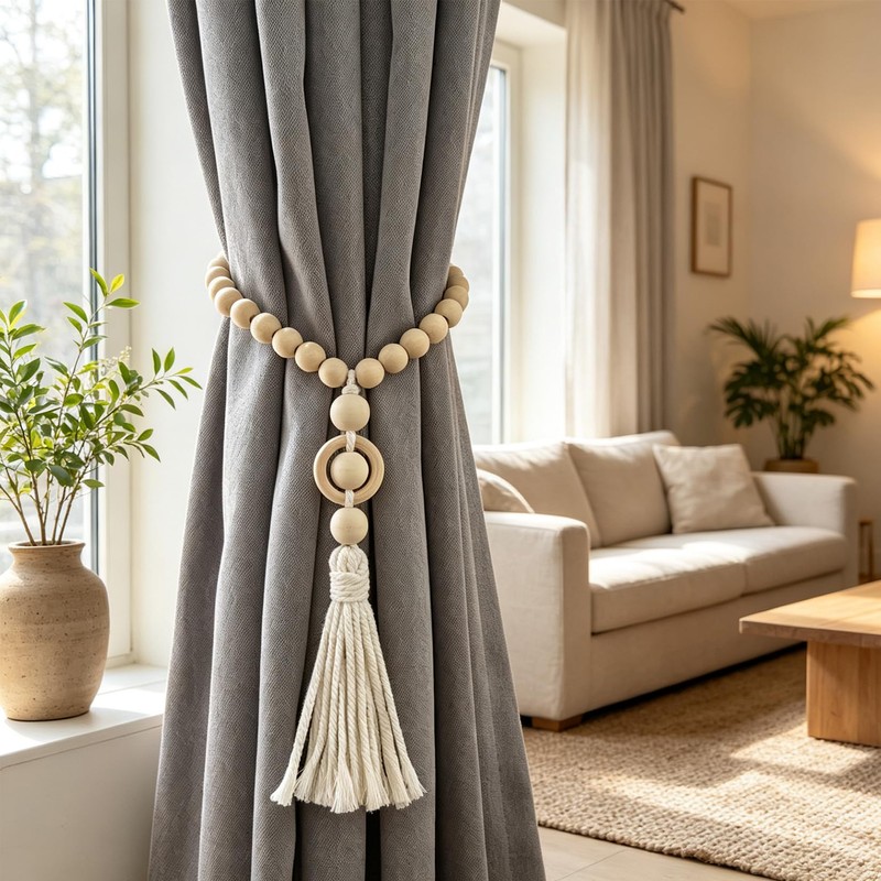 YISARSH Wood Bead Magnetic Curtain Tiebacks, No Drill Curtain Tie