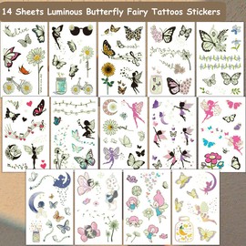 CHARLENT Luminous Butterfly Tattoos for Kids - 14 Sheets Glow in The Dark Butterfly Fairy Temporary Tattoos for Girls Birthday Party Favors Goodie Bag Fillers
