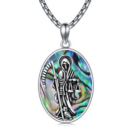 Abalone Shell Santa Muerte Necklace for Men 925 Sterling Silver Grim Reaper Pendant Grim Skull with Scythe Jewelry Santa Muerte Gothic Skull Gift for Women