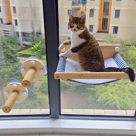 FuneeTop Cat Window Perch with 2*Cat Window Stairs- Natural Wood Materials-17 inches Wide Cat Window Hammocks(Window Perch and Window Stairs Combo Pack)