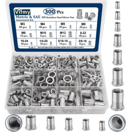 Vifmy Metric & SAE Rivet Nut Assortment Kit(300 Pcs), M3 M4 M5 M6 M8 M10 M12#8-32#10-24 1/4"-20 5/16"-18 3/8"-16 304 Stainless Steel Rivnut Set UNC Flat Head Nutsert