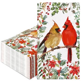 JarThenaAMCS 80Pcs Christmas Guest Napkins Cardinal on Branch Disposable Paper Napkin Watercolor Seasonal Dinner Hand Napkin for Kitchen Bathroom