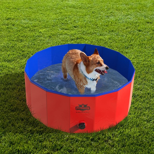 Dog Pool - Portable, Foldable 30.5-Inch Doggie Pool with Drain and Carry Bag - Pet Swimming Pool for Grooming, Bathing, or Play by PETMAKER (Red)